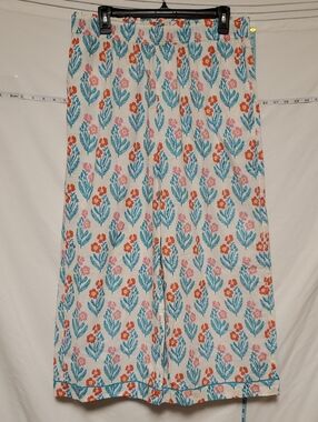 Mersea Floral Cotton Wide-Leg Lounge Pants Blue Orange Cream Lg Cozy Coastal
